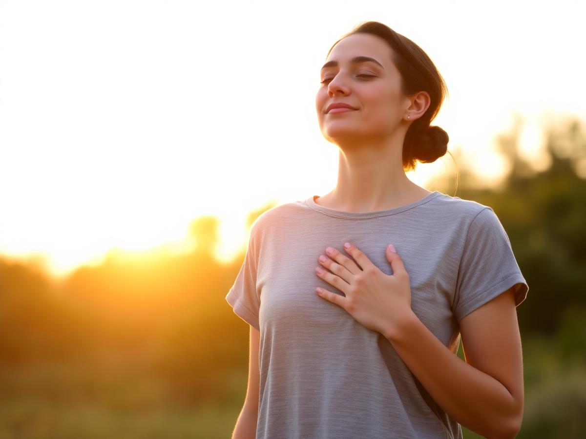Mulher praticando respiração consciente ao amanhecer
